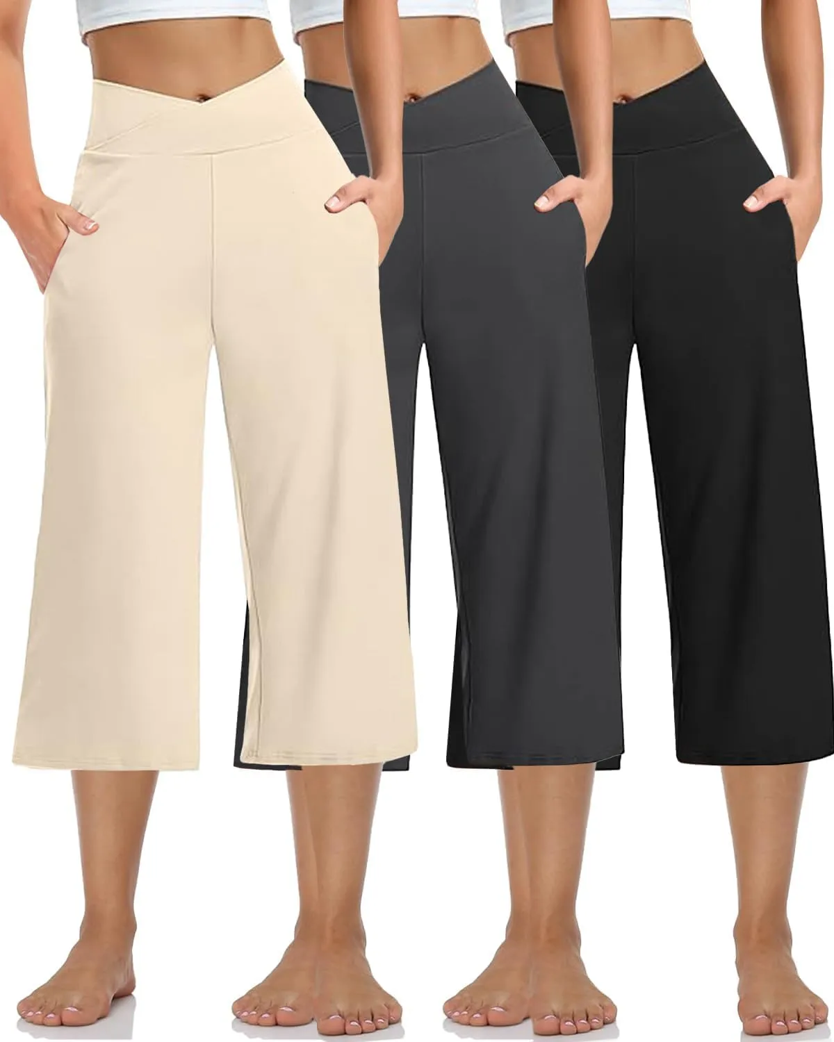 3 Pack Women's Wide Leg Yoga Pants Crossover High Waist Casual Capri Pants Loose Soft Pajama Pocket Sweatpants