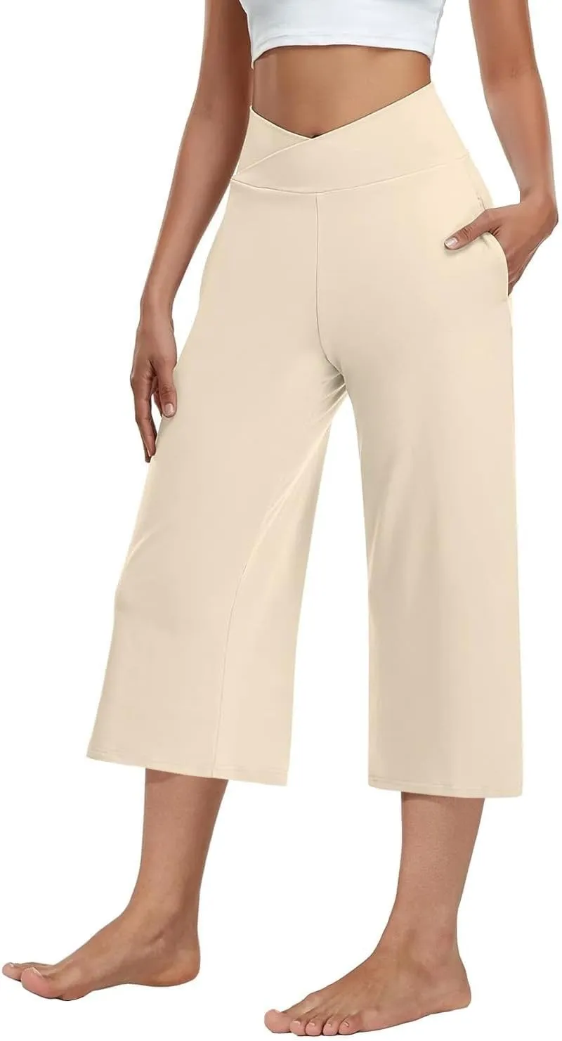 3 Pack Women's Wide Leg Yoga Pants Crossover High Waist Casual Capri Pants Loose Soft Pajama Pocket Sweatpants