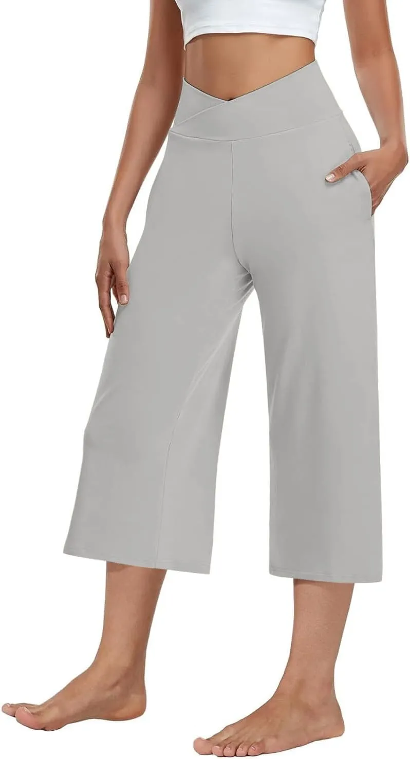 3 Pack Women's Wide Leg Yoga Pants Crossover High Waist Casual Capri Pants Loose Soft Pajama Pocket Sweatpants