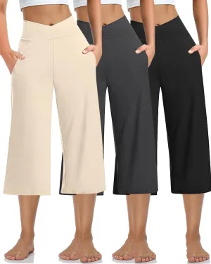 3 Pack Women's Wide Leg Yoga Pants Crossover High Waist Casual Capri Pants Loose Soft Pajama Pocket Sweatpants