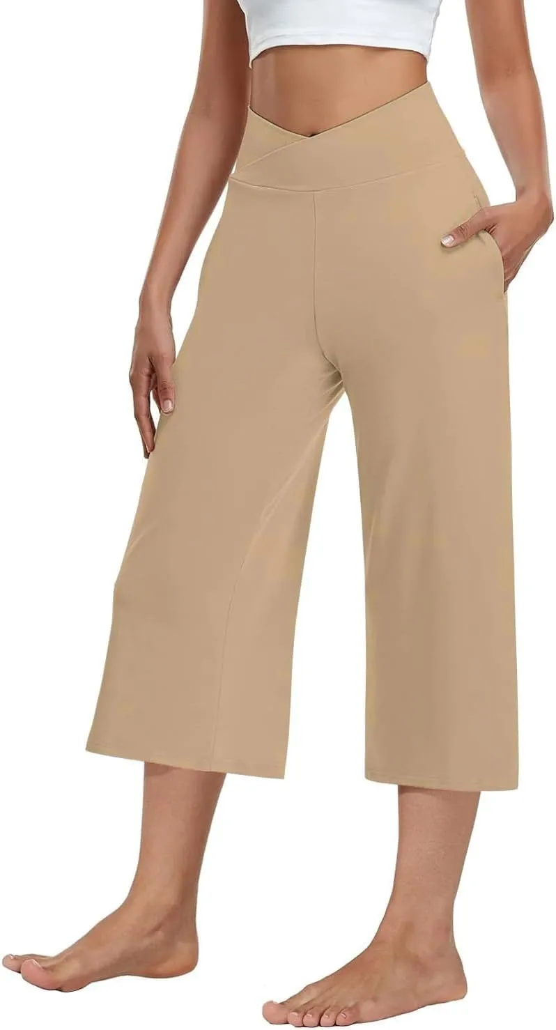 3 Pack Women's Wide Leg Yoga Pants Crossover High Waist Casual Capri Pants Loose Soft Pajama Pocket Sweatpants