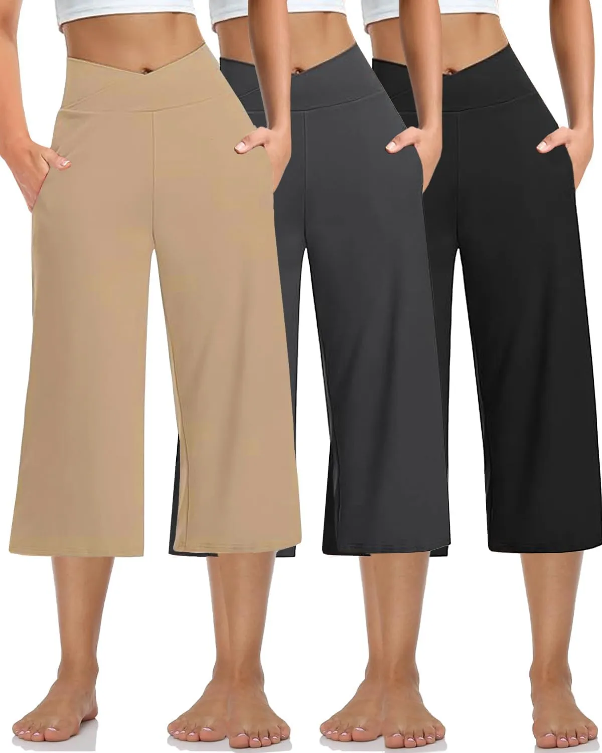 3 Pack Women's Wide Leg Yoga Pants Crossover High Waist Casual Capri Pants Loose Soft Pajama Pocket Sweatpants