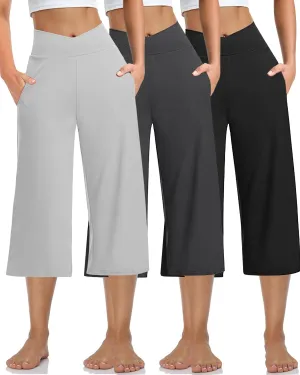 3 Pack Women's Wide Leg Yoga Pants Crossover High Waist Casual Capri Pants Loose Soft Pajama Pocket Sweatpants