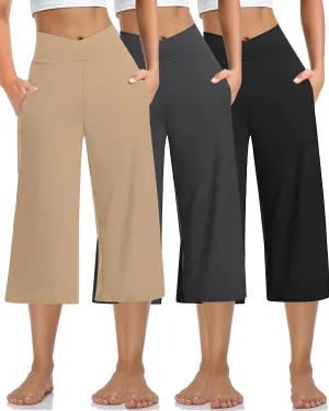 3 Pack Women's Wide Leg Yoga Pants Crossover High Waist Casual Capri Pants Loose Soft Pajama Pocket Sweatpants
