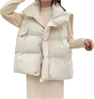 Akklian Women's Quilted Puffer Vest Stand Collar Sleeveless Zip Padded Coat Winter Oversized Gilet Cotton Jacket with Pockets
