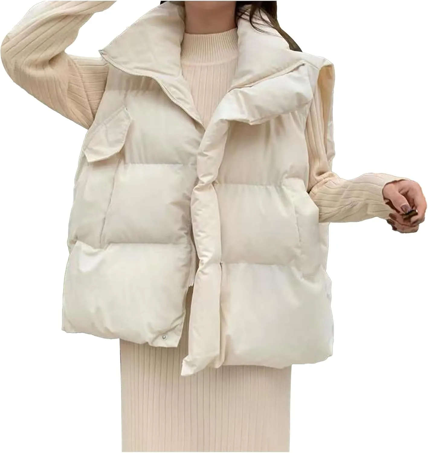 Akklian Women's Quilted Puffer Vest Stand Collar Sleeveless Zip Padded Coat Winter Oversized Gilet Cotton Jacket with Pockets