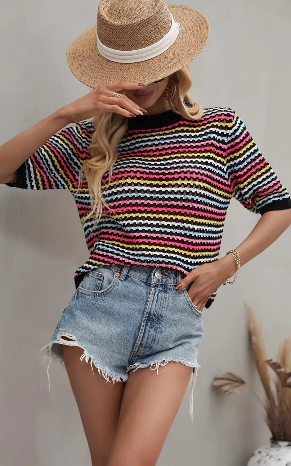 Angashion Women's Striped Knitted Shirt Beachwear Casual Half Sleeve Soft Lightweight Crewneck Sexy Tops Hollow Out Sweater