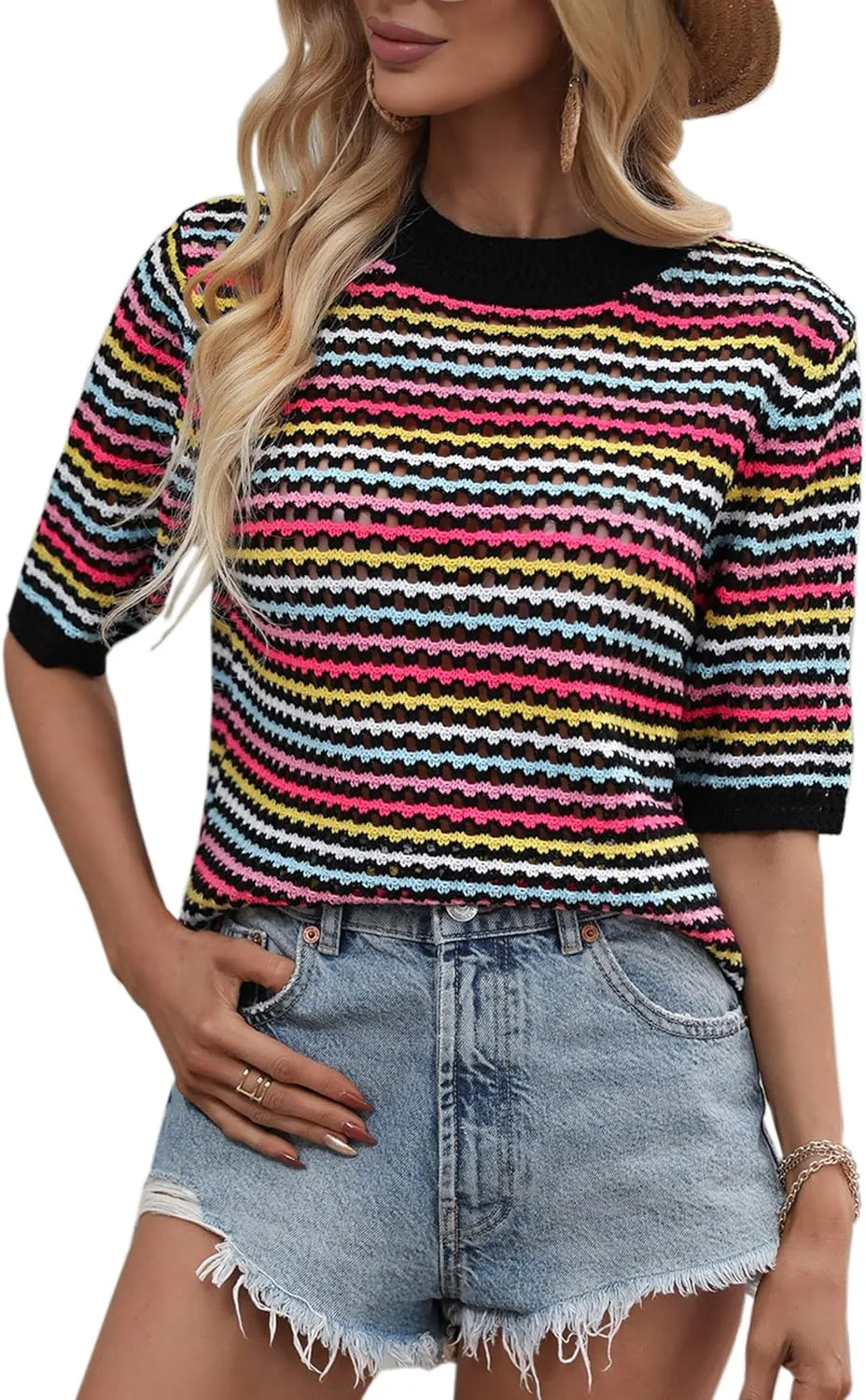 Angashion Women's Striped Knitted Shirt Beachwear Casual Half Sleeve Soft Lightweight Crewneck Sexy Tops Hollow Out Sweater