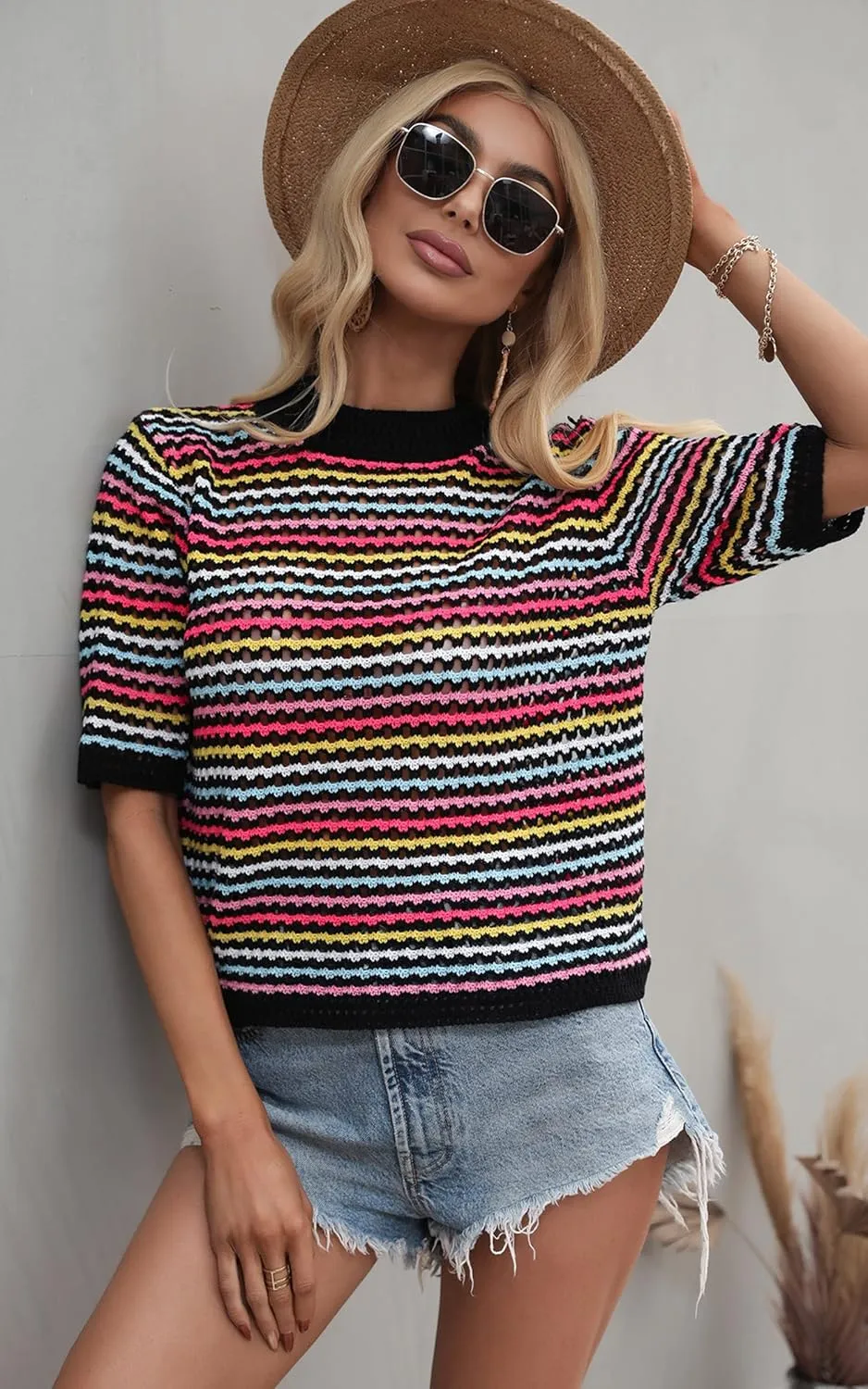 Angashion Women's Striped Knitted Shirt Beachwear Casual Half Sleeve Soft Lightweight Crewneck Sexy Tops Hollow Out Sweater