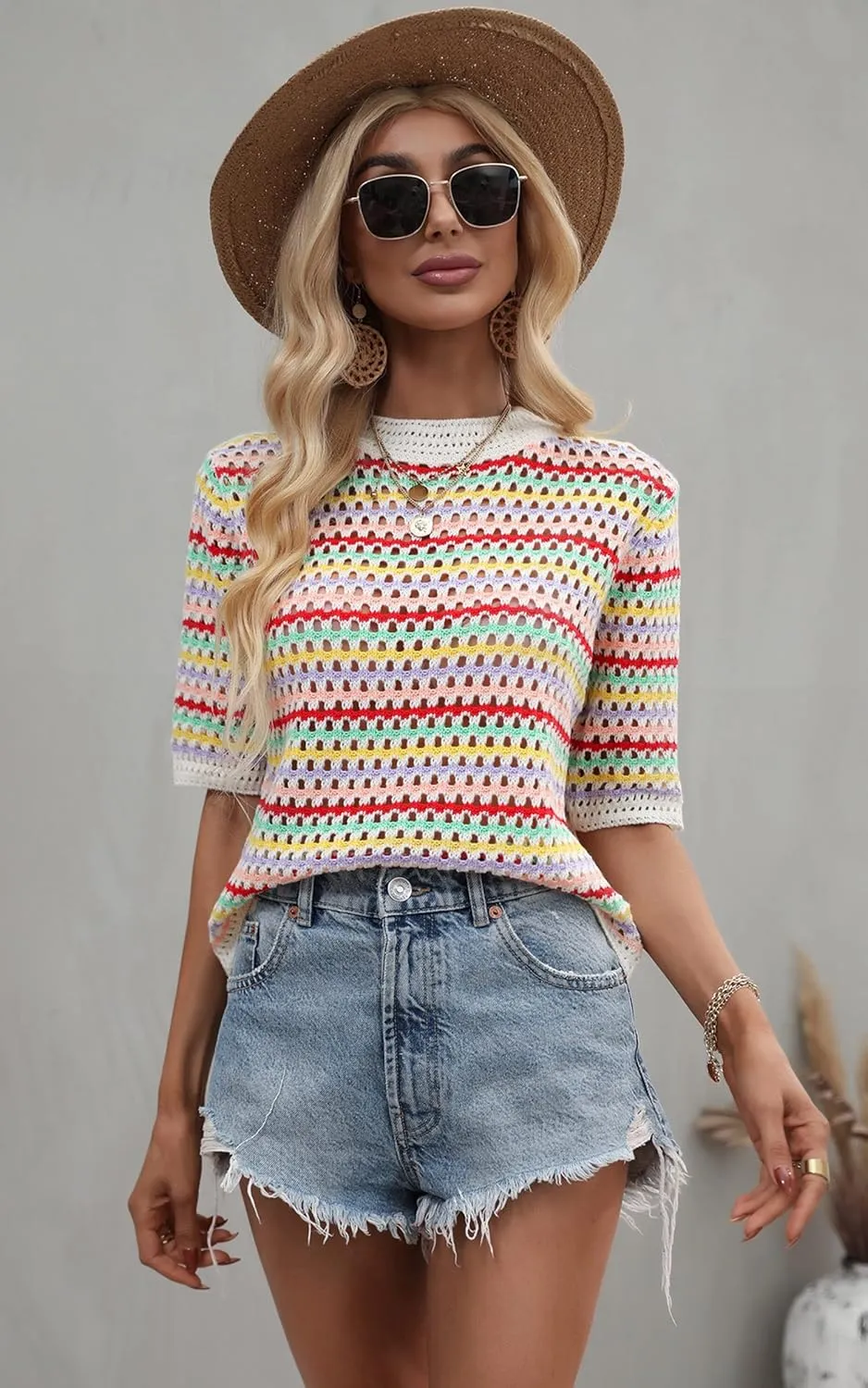 Angashion Women's Striped Knitted Shirt Beachwear Casual Half Sleeve Soft Lightweight Crewneck Sexy Tops Hollow Out Sweater