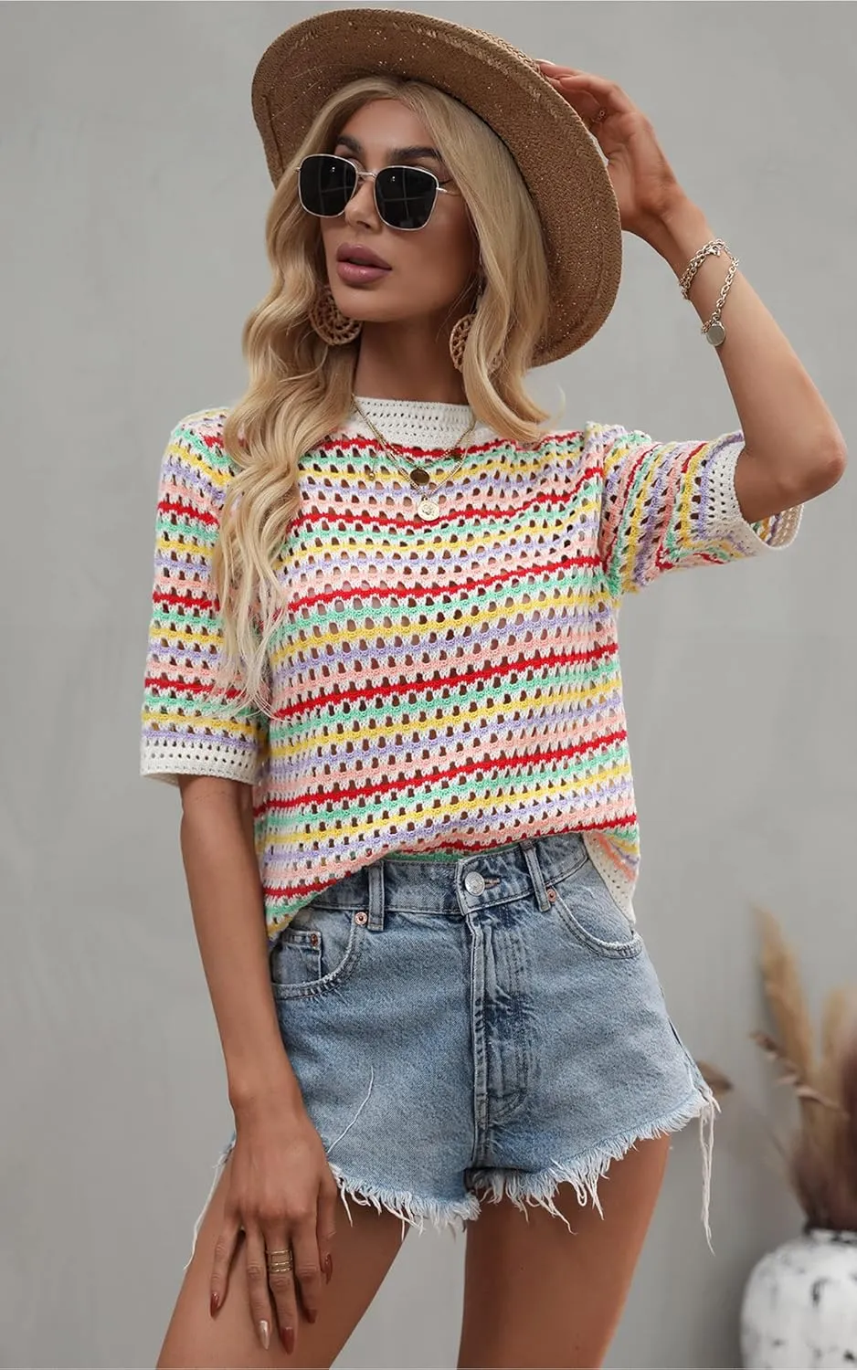 Angashion Women's Striped Knitted Shirt Beachwear Casual Half Sleeve Soft Lightweight Crewneck Sexy Tops Hollow Out Sweater