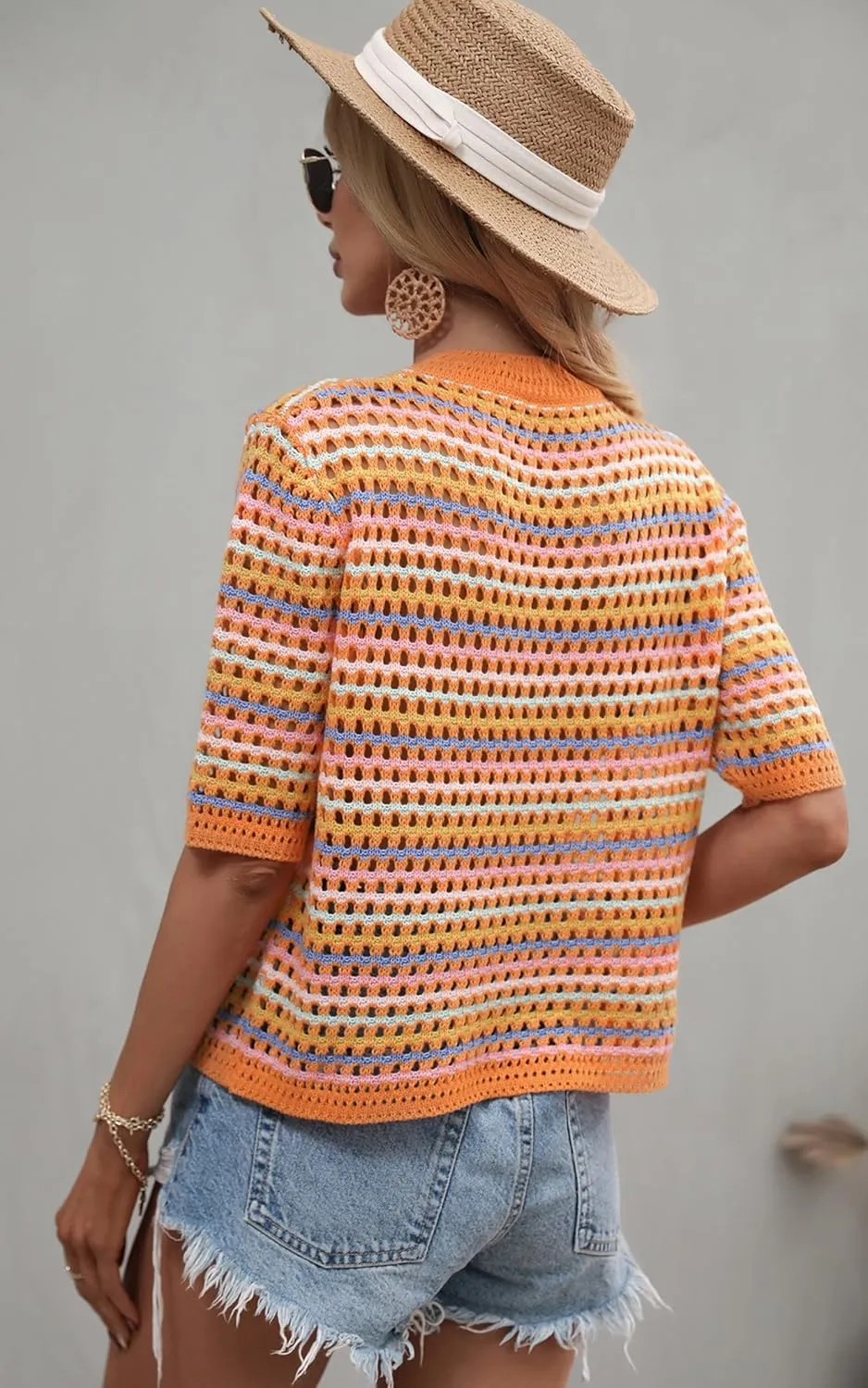 Angashion Women's Striped Knitted Shirt Beachwear Casual Half Sleeve Soft Lightweight Crewneck Sexy Tops Hollow Out Sweater