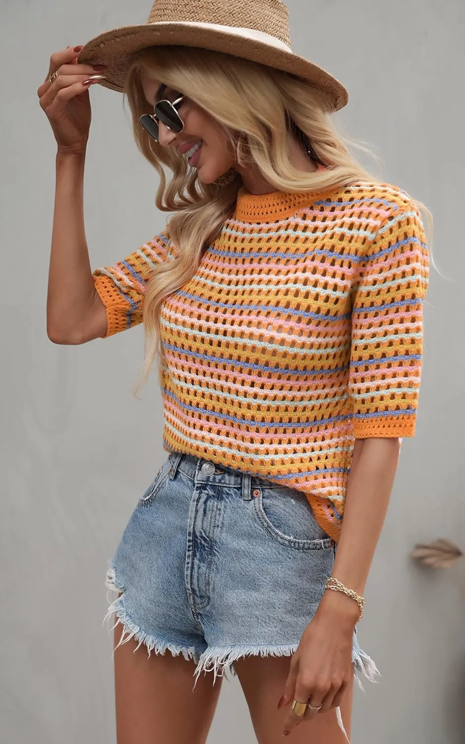 Angashion Women's Striped Knitted Shirt Beachwear Casual Half Sleeve Soft Lightweight Crewneck Sexy Tops Hollow Out Sweater