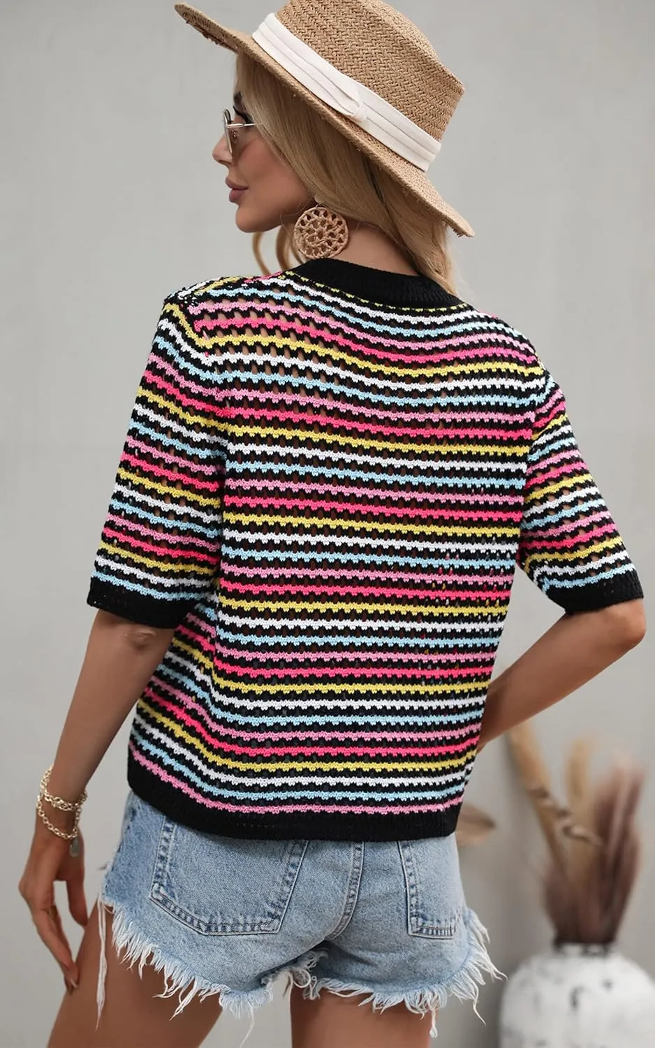 Angashion Women's Striped Knitted Shirt Beachwear Casual Half Sleeve Soft Lightweight Crewneck Sexy Tops Hollow Out Sweater
