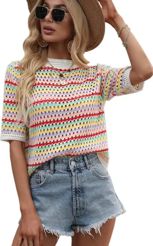 Angashion Women's Striped Knitted Shirt Beachwear Casual Half Sleeve Soft Lightweight Crewneck Sexy Tops Hollow Out Sweater