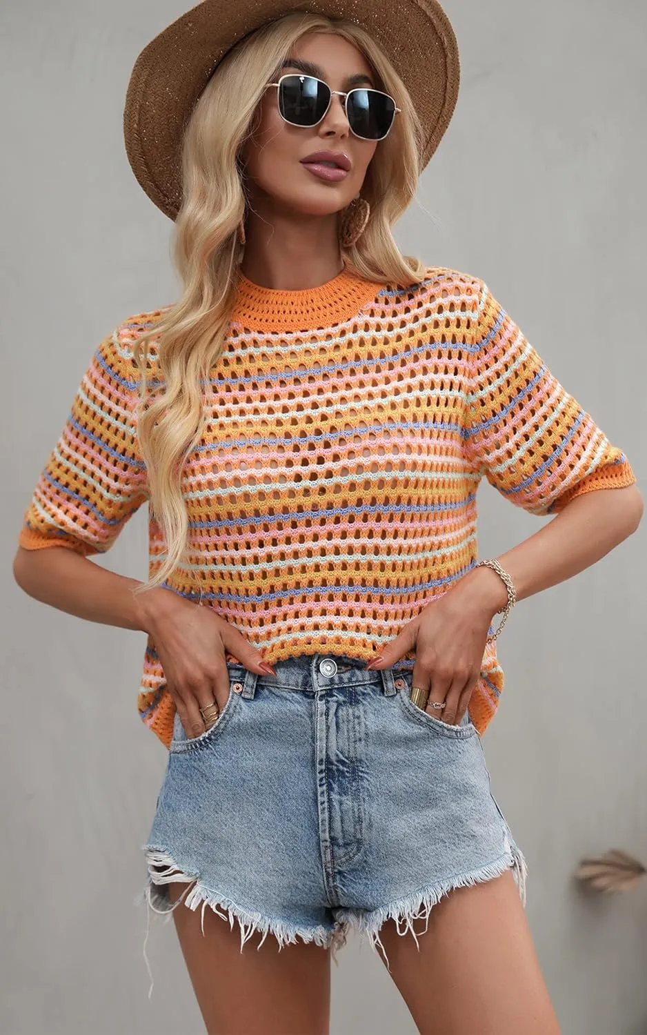 Angashion Women's Striped Knitted Shirt Beachwear Casual Half Sleeve Soft Lightweight Crewneck Sexy Tops Hollow Out Sweater