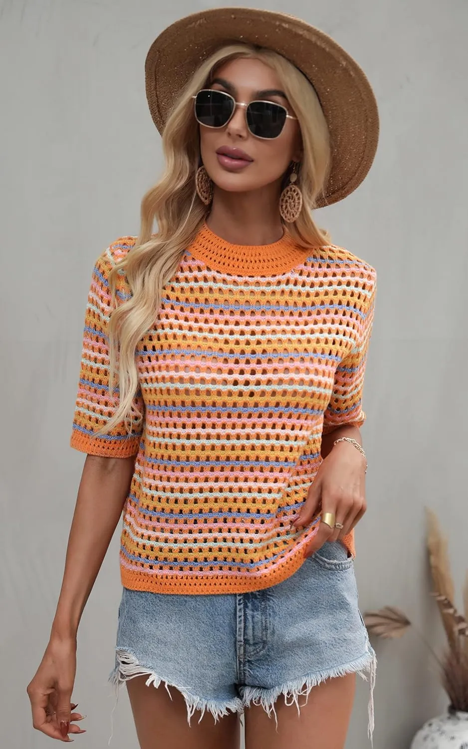 Angashion Women's Striped Knitted Shirt Beachwear Casual Half Sleeve Soft Lightweight Crewneck Sexy Tops Hollow Out Sweater