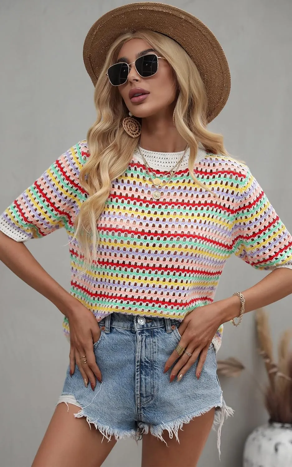 Angashion Women's Striped Knitted Shirt Beachwear Casual Half Sleeve Soft Lightweight Crewneck Sexy Tops Hollow Out Sweater