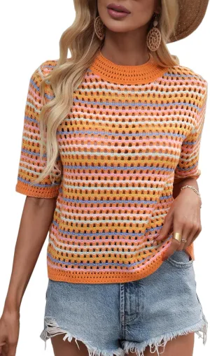 Angashion Women's Striped Knitted Shirt Beachwear Casual Half Sleeve Soft Lightweight Crewneck Sexy Tops Hollow Out Sweater