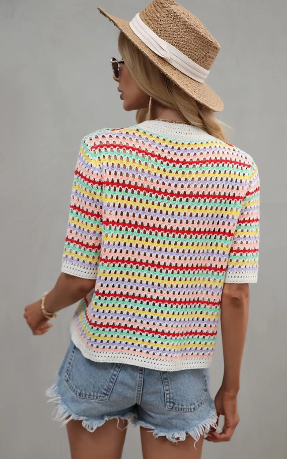 Angashion Women's Striped Knitted Shirt Beachwear Casual Half Sleeve Soft Lightweight Crewneck Sexy Tops Hollow Out Sweater