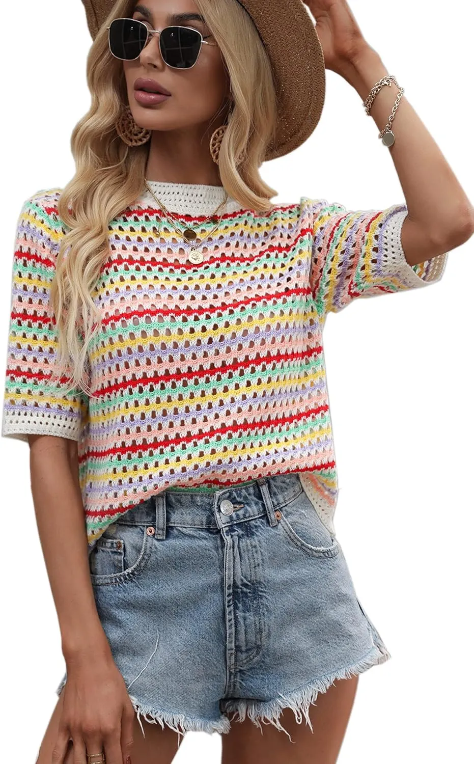 Angashion Women's Striped Knitted Shirt Beachwear Casual Half Sleeve Soft Lightweight Crewneck Sexy Tops Hollow Out Sweater