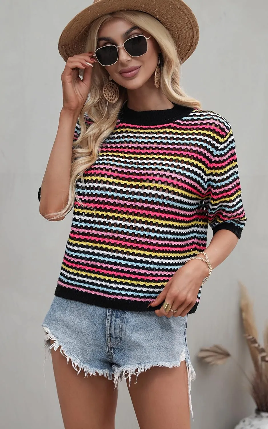 Angashion Women's Striped Knitted Shirt Beachwear Casual Half Sleeve Soft Lightweight Crewneck Sexy Tops Hollow Out Sweater