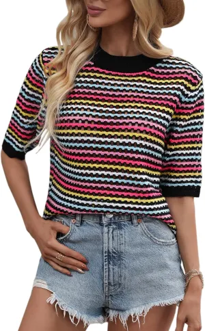 Angashion Women's Striped Knitted Shirt Beachwear Casual Half Sleeve Soft Lightweight Crewneck Sexy Tops Hollow Out Sweater