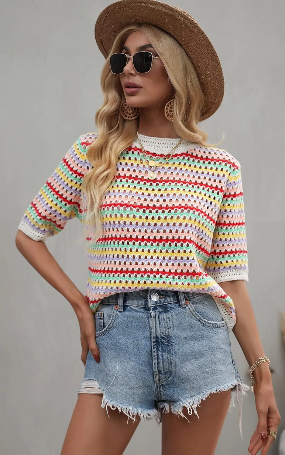 Angashion Women's Striped Knitted Shirt Beachwear Casual Half Sleeve Soft Lightweight Crewneck Sexy Tops Hollow Out Sweater