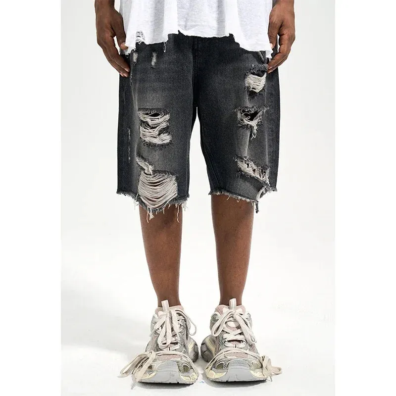 Black Ripped Denim Shorts Men's Loose Woolen Jorts Men's Split Stitching Short Jeans