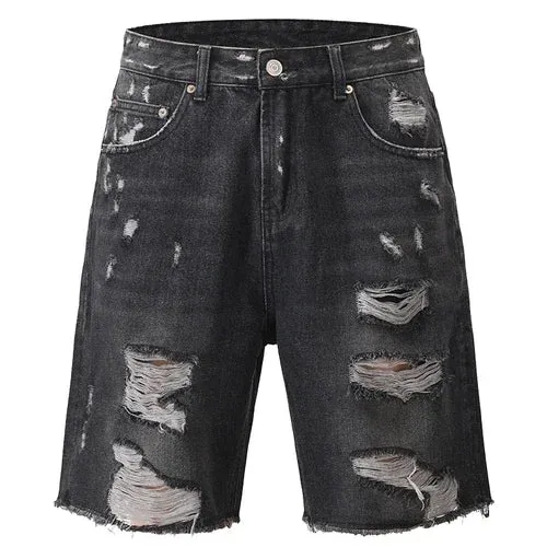 Black Ripped Denim Shorts Men's Loose Woolen Jorts Men's Split Stitching Short Jeans