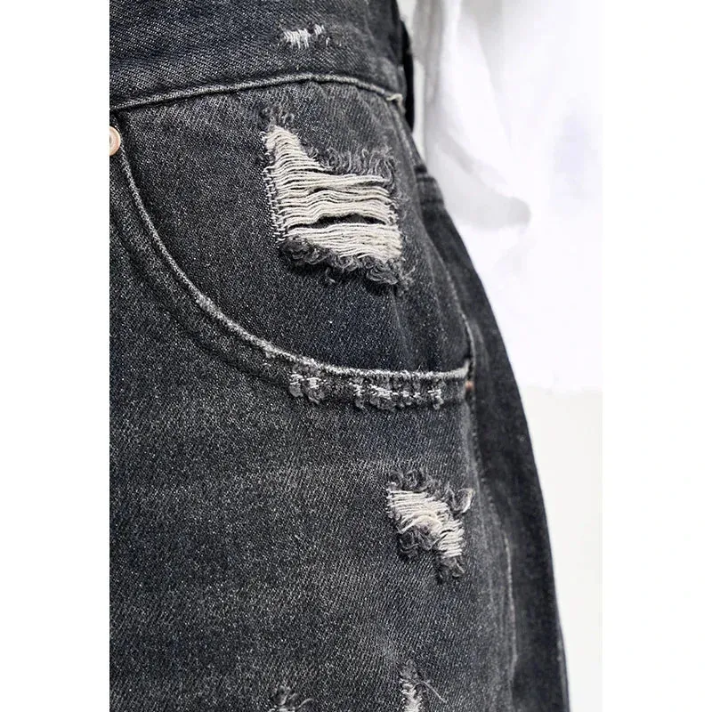 Black Ripped Denim Shorts Men's Loose Woolen Jorts Men's Split Stitching Short Jeans
