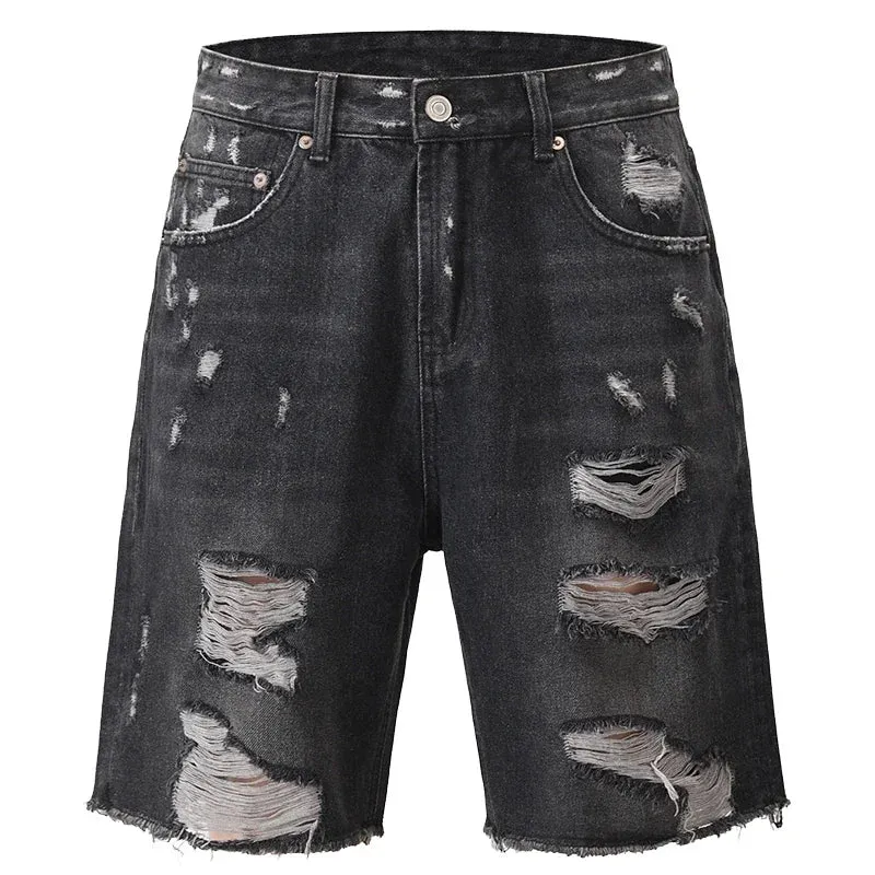 Black Ripped Denim Shorts Men's Loose Woolen Jorts Men's Split Stitching Short Jeans
