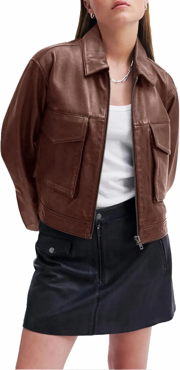 BZB Womens Faux Leather Motorcycle Jacket 2025 Trendy Pockets Bomber Zip Up Cropped Jackets Coat Outerwear