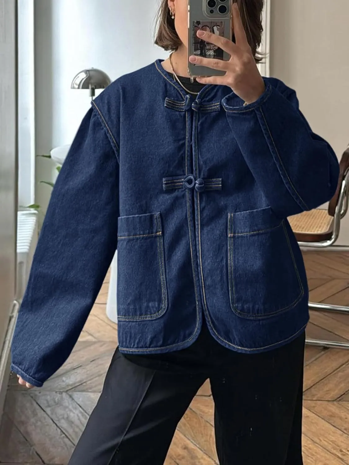 Cicy Bell Womens Cropped Collarless Denim Shirts Jackets Frog Button Trendy Jean Shackets Lightweight Casual Coat