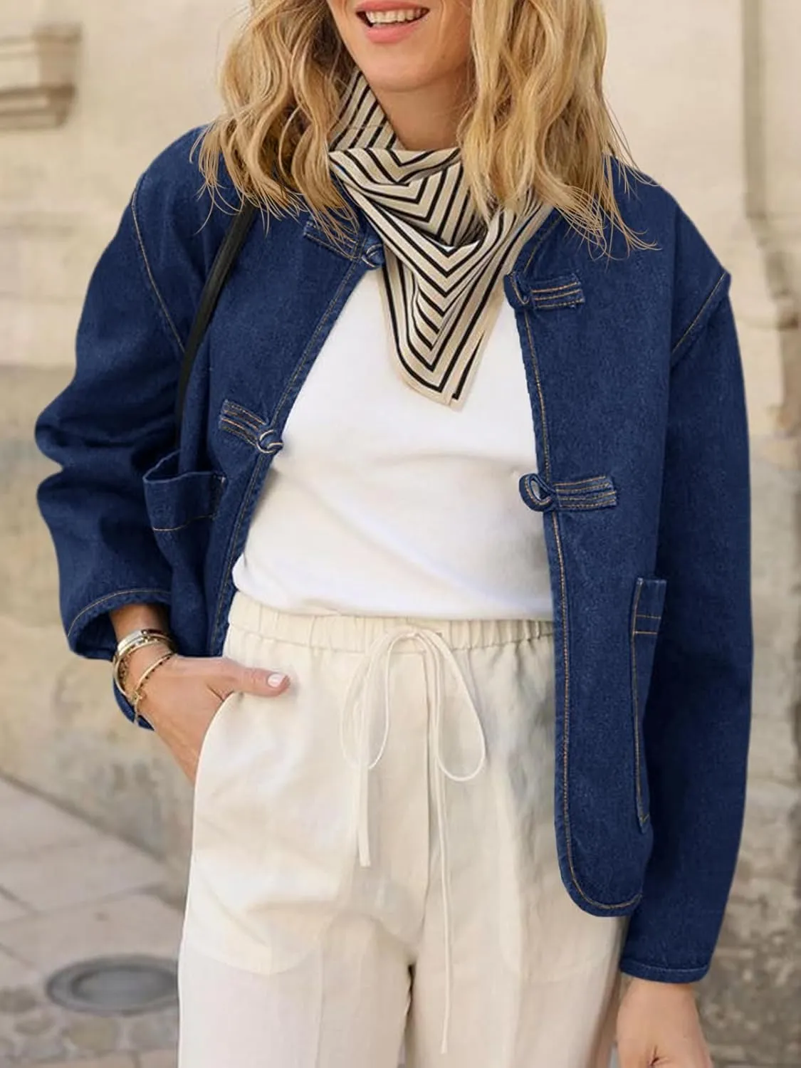 Cicy Bell Womens Cropped Collarless Denim Shirts Jackets Frog Button Trendy Jean Shackets Lightweight Casual Coat