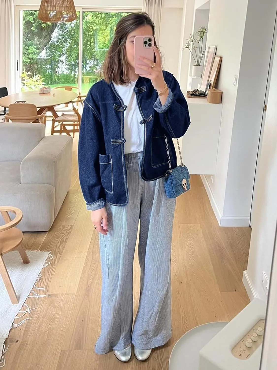 Cicy Bell Womens Cropped Collarless Denim Shirts Jackets Frog Button Trendy Jean Shackets Lightweight Casual Coat