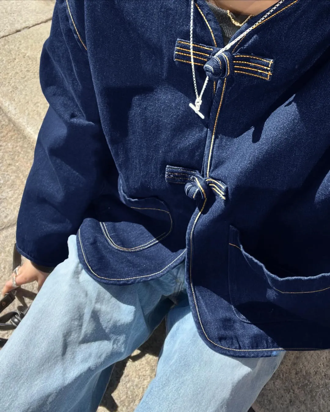 Cicy Bell Womens Cropped Collarless Denim Shirts Jackets Frog Button Trendy Jean Shackets Lightweight Casual Coat