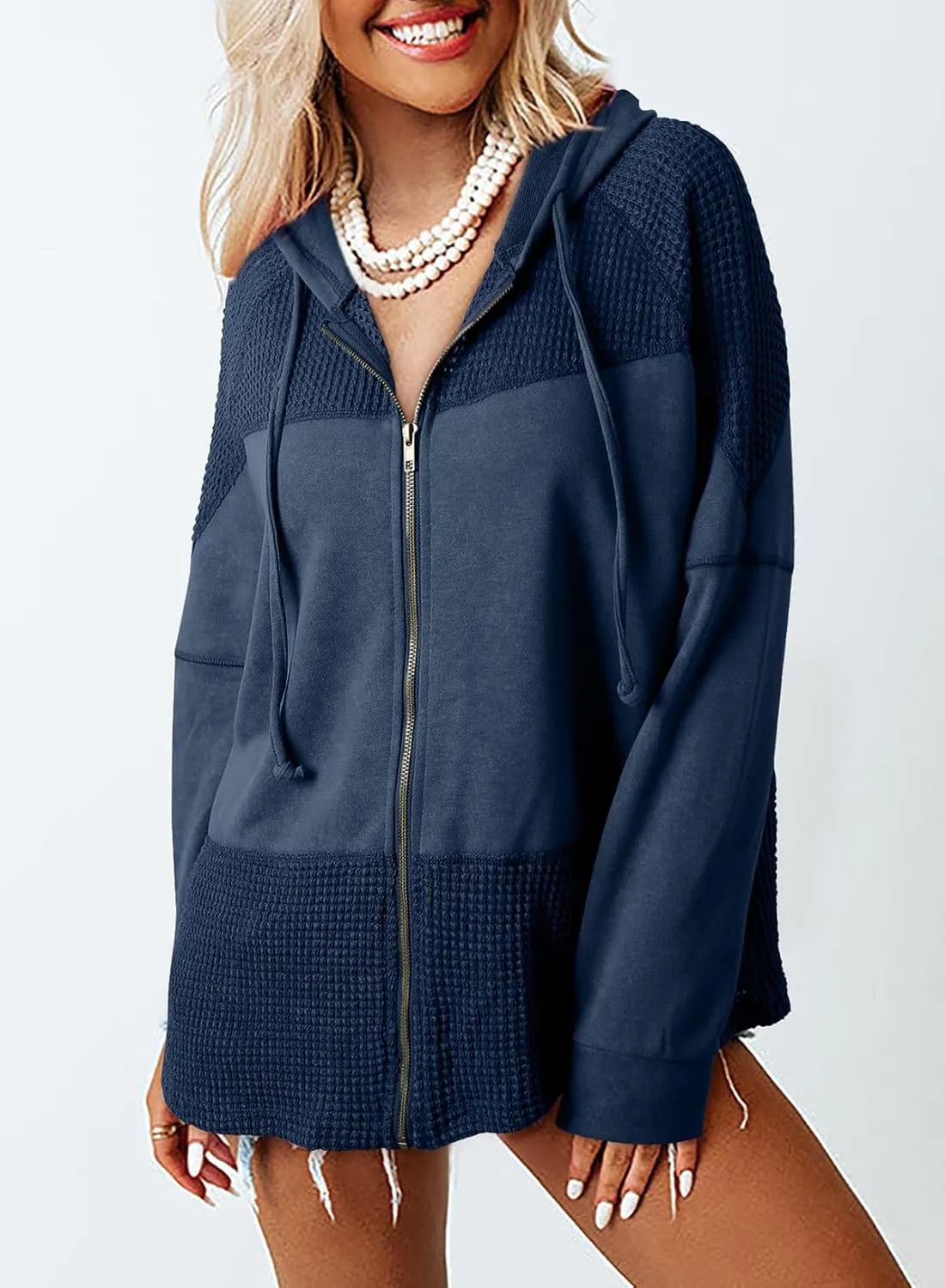 Dokotoo Waffle Knit Hoodies for Womens Zip Up Fall Outfits 2024 Drawstring Casual Oversized Jackets
