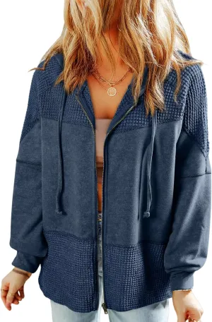 Dokotoo Waffle Knit Hoodies for Womens Zip Up Fall Outfits 2024 Drawstring Casual Oversized Jackets