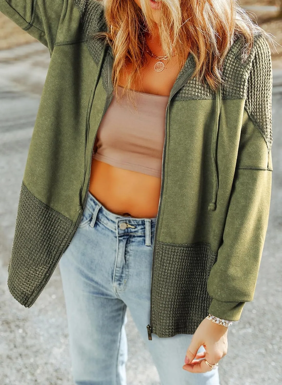 Dokotoo Waffle Knit Hoodies for Womens Zip Up Fall Outfits 2024 Drawstring Casual Oversized Jackets