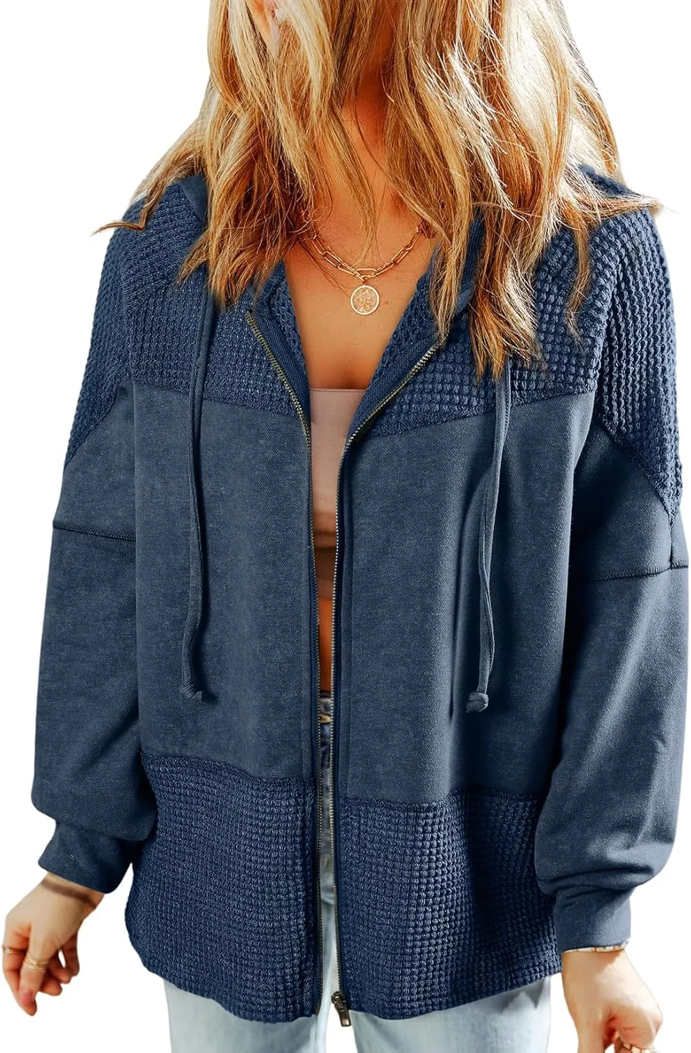 Dokotoo Waffle Knit Hoodies for Womens Zip Up Fall Outfits 2024 Drawstring Casual Oversized Jackets