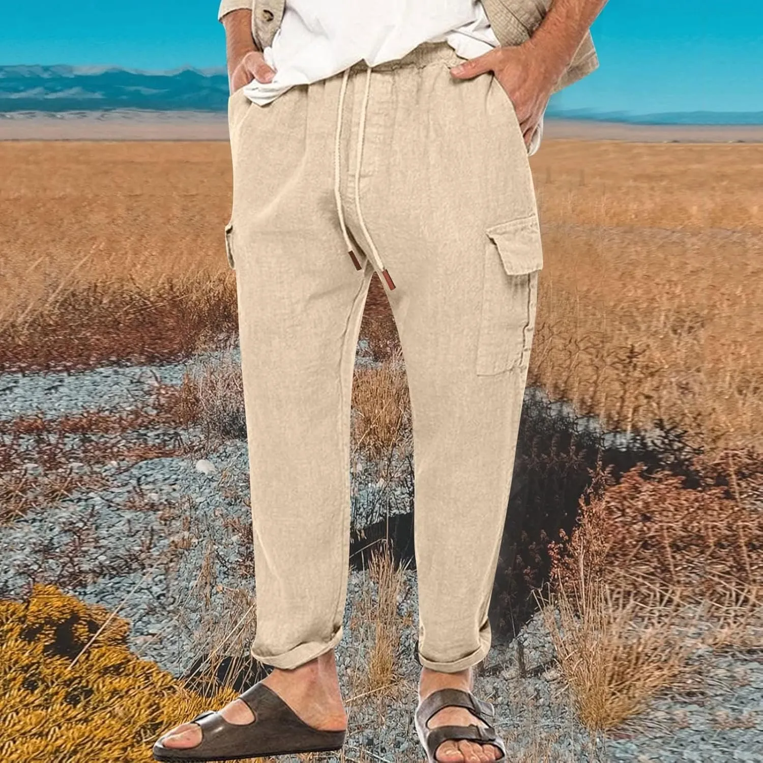 evzosrz Men's Casual Pants Elastic Waist Drawstring Lightweight Linen Solid Trousers Sweat Pant with Multi Pockets