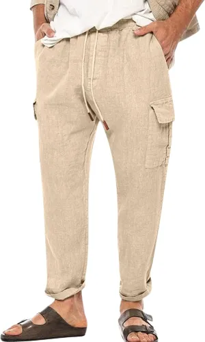 evzosrz Men's Casual Pants Elastic Waist Drawstring Lightweight Linen Solid Trousers Sweat Pant with Multi Pockets