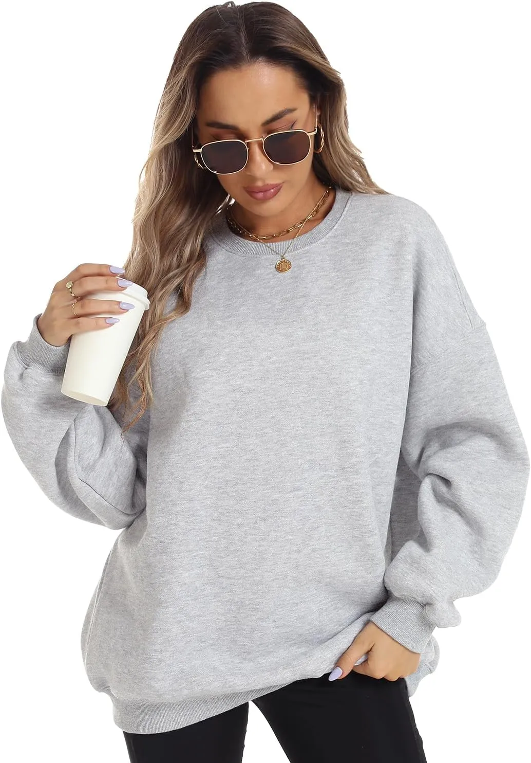 FANCYINN Womens Crewneck Sweatshirts Casual Long Sleeve Loose Pullover Soft Solid Fleece Fall Winter Tops