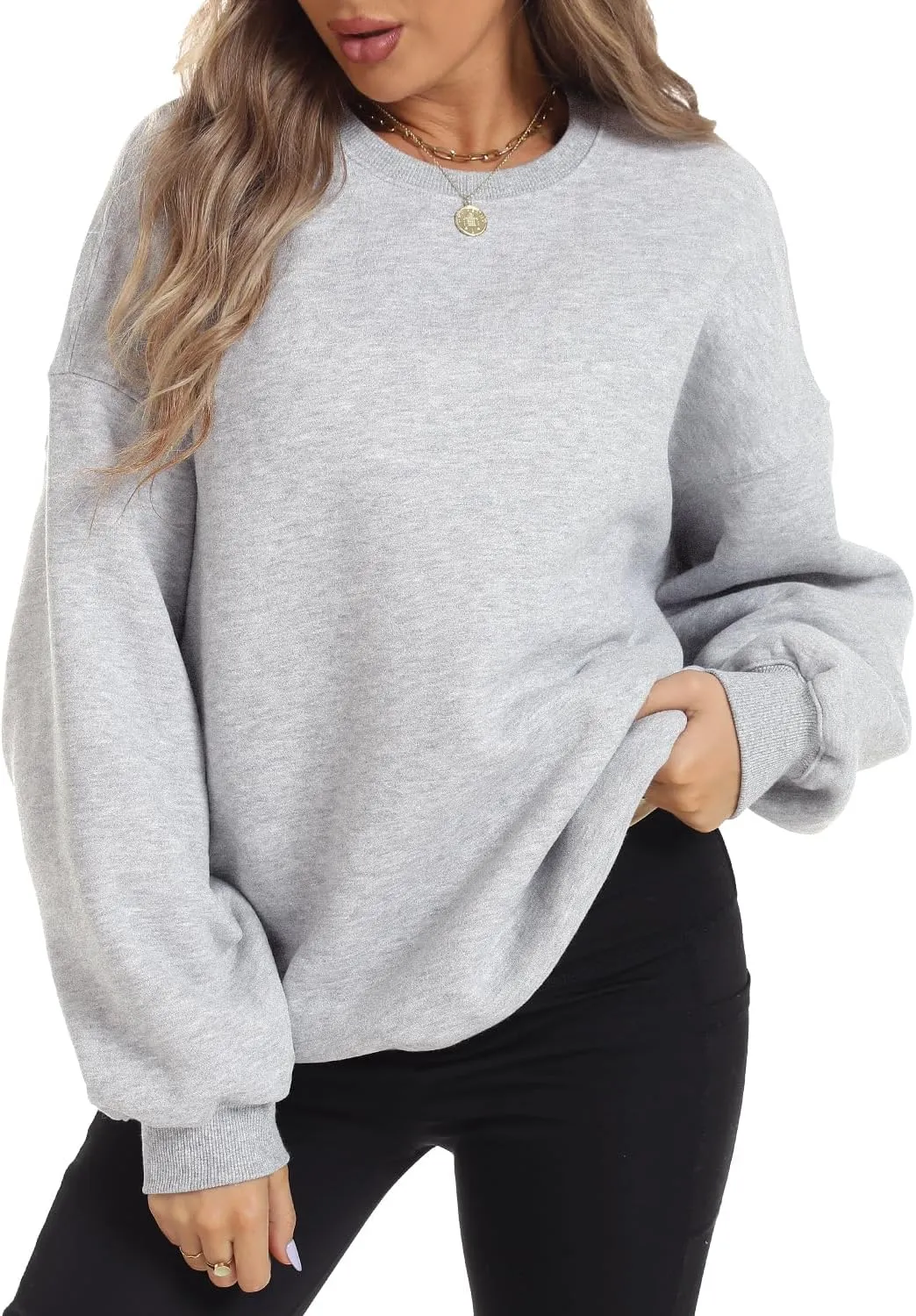 FANCYINN Womens Crewneck Sweatshirts Casual Long Sleeve Loose Pullover Soft Solid Fleece Fall Winter Tops