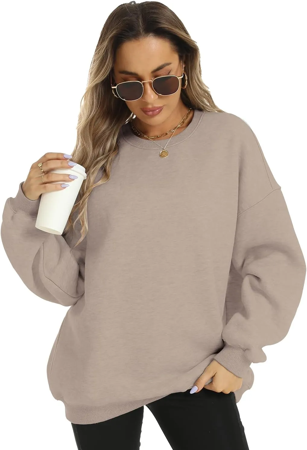 FANCYINN Womens Crewneck Sweatshirts Casual Long Sleeve Loose Pullover Soft Solid Fleece Fall Winter Tops