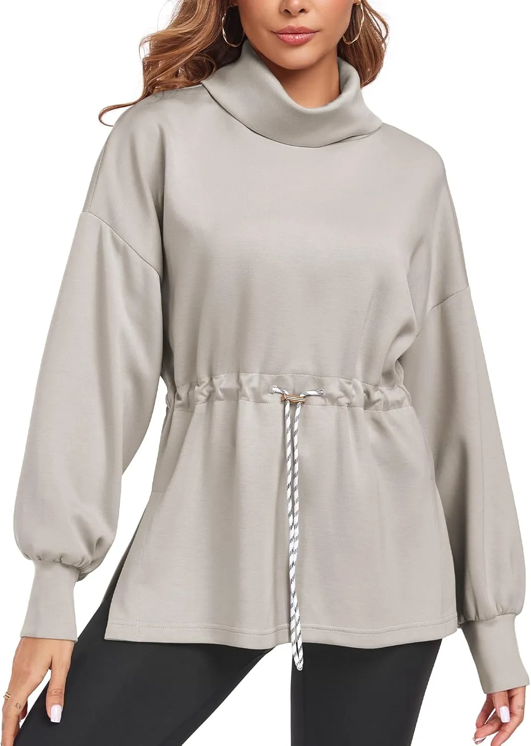 FUPHINE Womens Turtleneck Sweatshirt Oversized Long Sleeve Pullover Tops Side Slit Soft Hoodie with Drawstring Waist