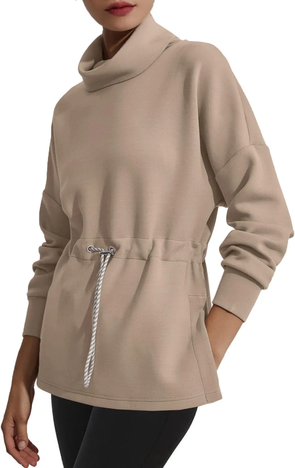 FUPHINE Womens Turtleneck Sweatshirt Oversized Long Sleeve Pullover Tops Side Slit Soft Hoodie with Drawstring Waist