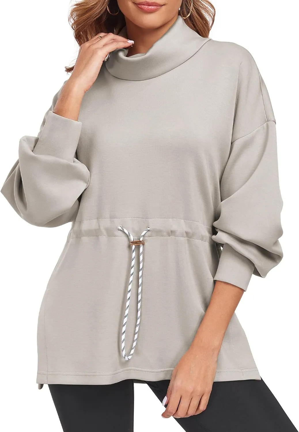 FUPHINE Womens Turtleneck Sweatshirt Oversized Long Sleeve Pullover Tops Side Slit Soft Hoodie with Drawstring Waist