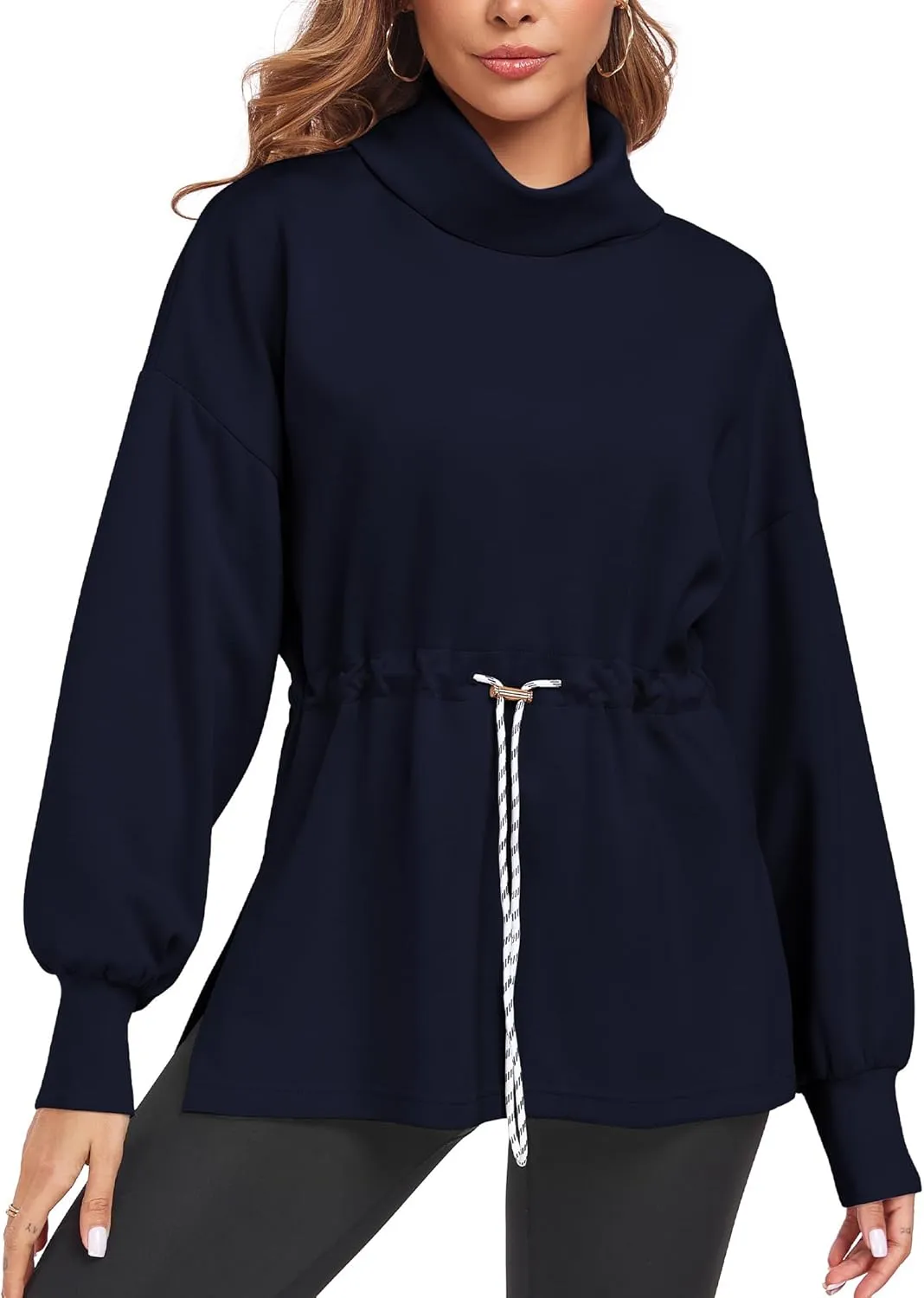 FUPHINE Womens Turtleneck Sweatshirt Oversized Long Sleeve Pullover Tops Side Slit Soft Hoodie with Drawstring Waist